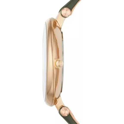 Skagen SKW2483 with ultra-slim gold-tone case profile, minimalist crown, and olive green leather strap attachment.