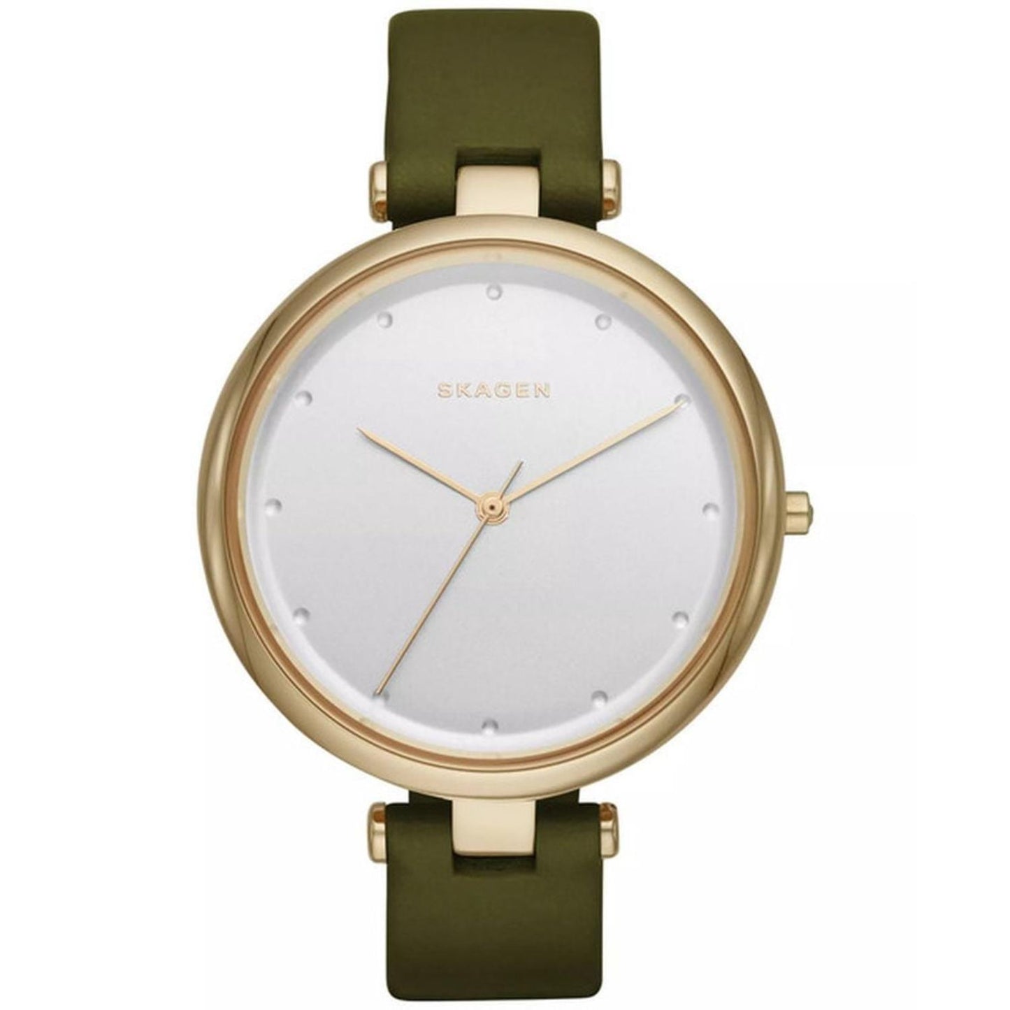 Skagen SKW2483 minimalist watch with white dial, gold-tone case, slim gold-tone hands, and olive green leather strap.
