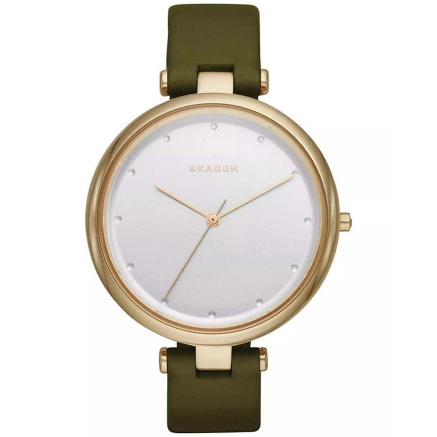 Skagen SKW2483 minimalist watch with white dial, gold-tone case, slim gold-tone hands, and olive green leather strap.