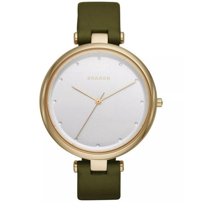 Skagen SKW2483 minimalist watch with white dial, gold-tone case, slim gold-tone hands, and olive green leather strap.
