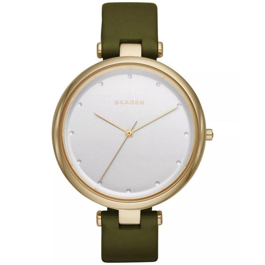 Skagen SKW2483 minimalist watch with white dial, gold-tone case, slim gold-tone hands, and olive green leather strap.