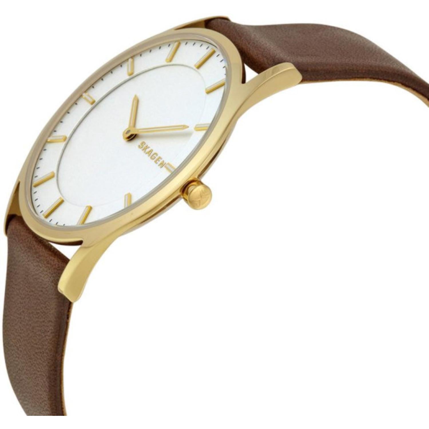 Skagen SKW6225 with ultra-slim gold-tone case, white minimalist dial, and brown leather strap shown in an angled side profile view.