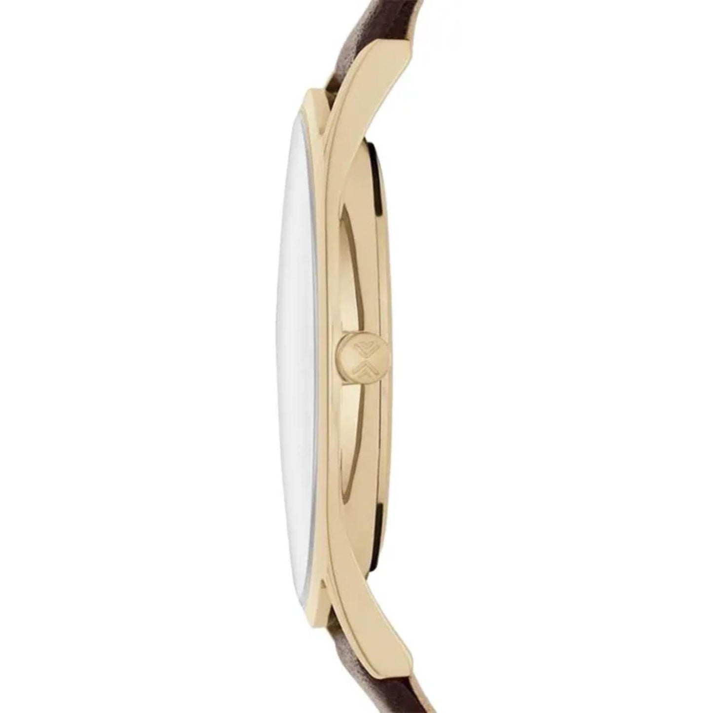 Skagen SKW6225 with ultra-slim gold-tone case profile, engraved minimalist crown, and brown leather strap attachment.
