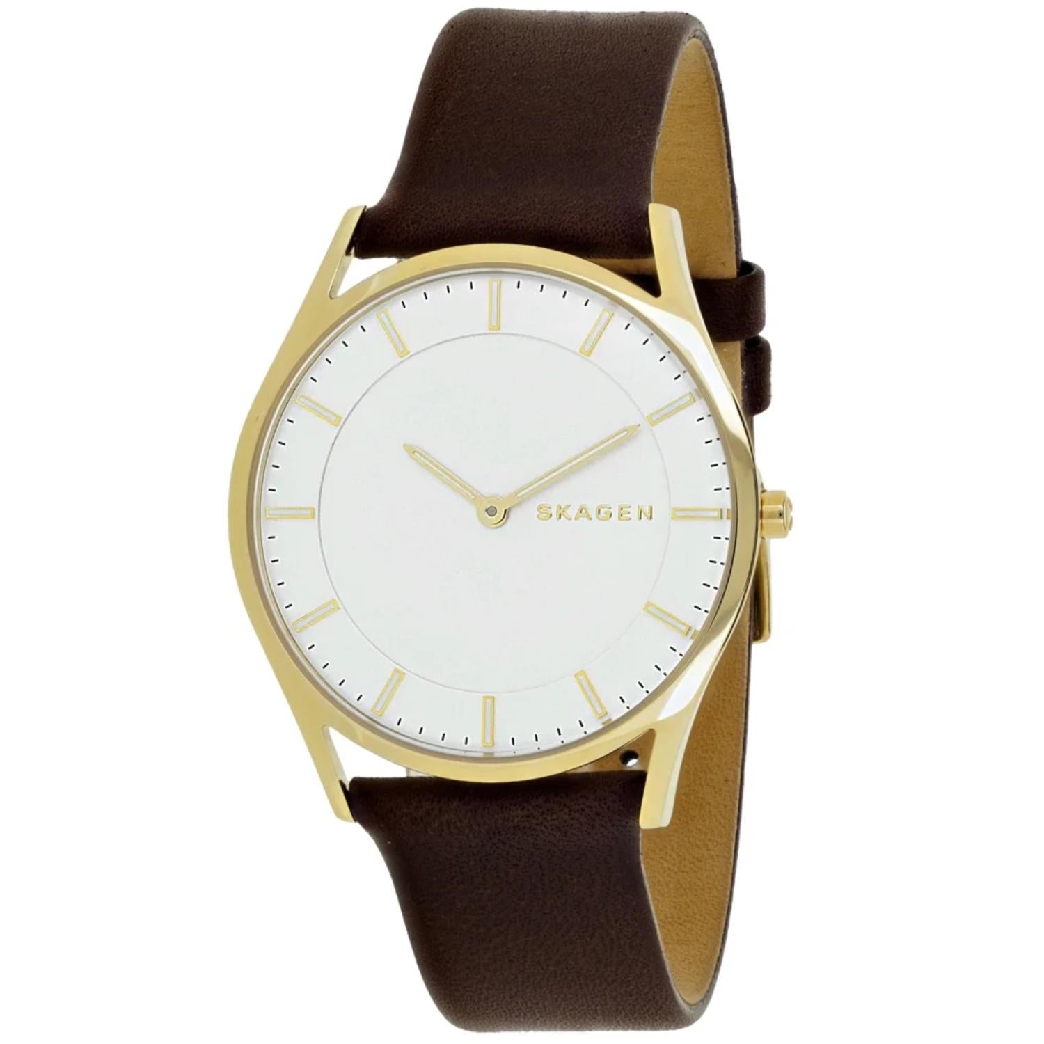 Skagen SKW6225 minimalist watch with white dial, gold-tone case, slim gold-tone markers, and brown leather strap.