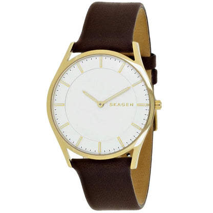 Skagen SKW6225 minimalist watch with white dial, gold-tone case, slim gold-tone markers, and brown leather strap.