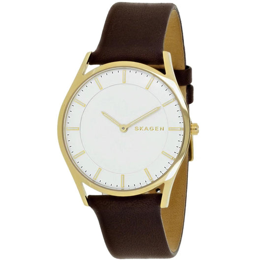 Skagen SKW6225 minimalist watch with white dial, gold-tone case, slim gold-tone markers, and brown leather strap.