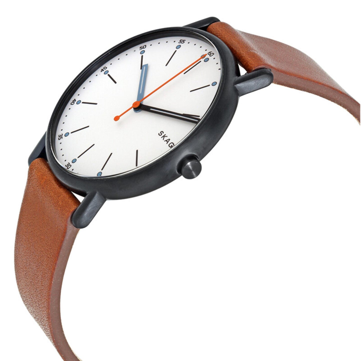 Skagen SKW6374 with white dial, slim gunmetal-tone case, orange seconds hand, and brown leather strap shown in an angled side view.
