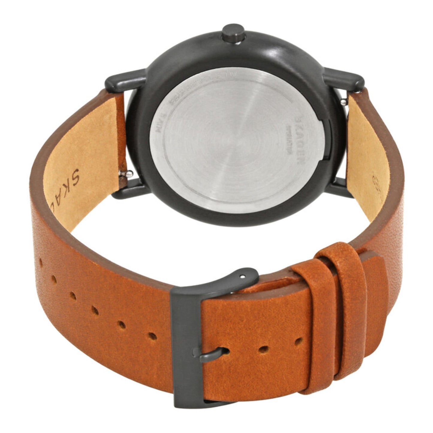 Skagen SKW6374 with brushed stainless steel rear case, gunmetal-tone case finish, and brown leather strap with matching pin buckle closure.