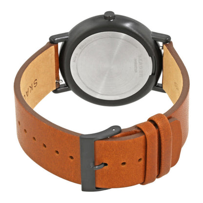 Skagen SKW6374 with brushed stainless steel rear case, gunmetal-tone case finish, and brown leather strap with matching pin buckle closure.
