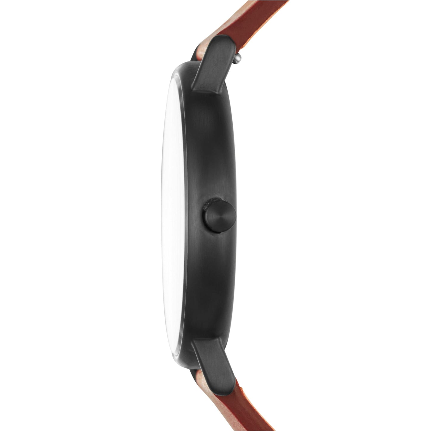 Skagen SKW6374 with ultra-slim gunmetal-tone case profile, minimalist crown, and brown leather strap attachment.