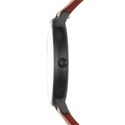 Skagen SKW6374 with ultra-slim gunmetal-tone case profile, minimalist crown, and brown leather strap attachment.