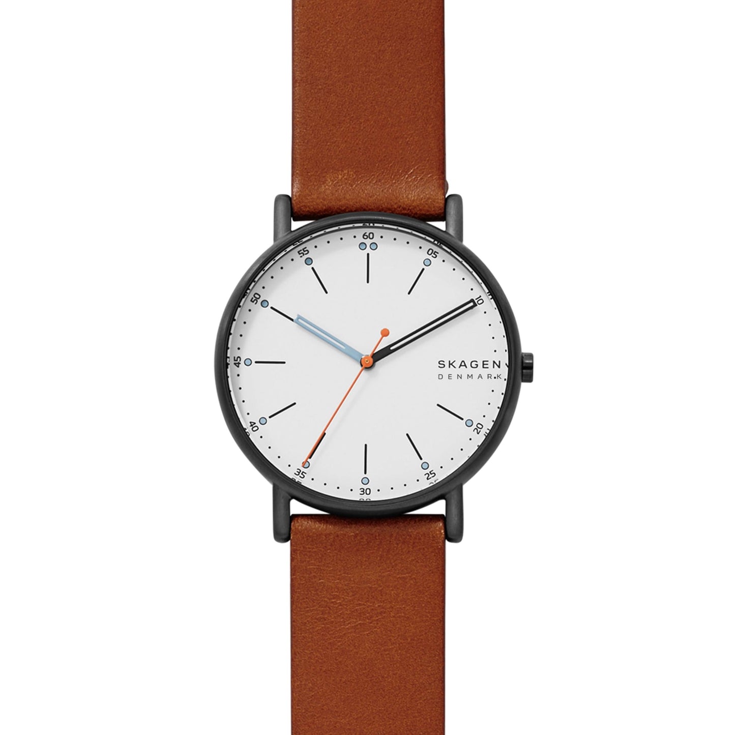 Skagen SKW6374 minimalist watch with white dial, black stick markers, gunmetal-tone case, orange seconds hand, and brown leather strap.