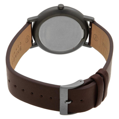 Skagen SKW6860 with brushed rear case, slim gunmetal-tone profile, and brown leather strap with matching pin buckle closure.