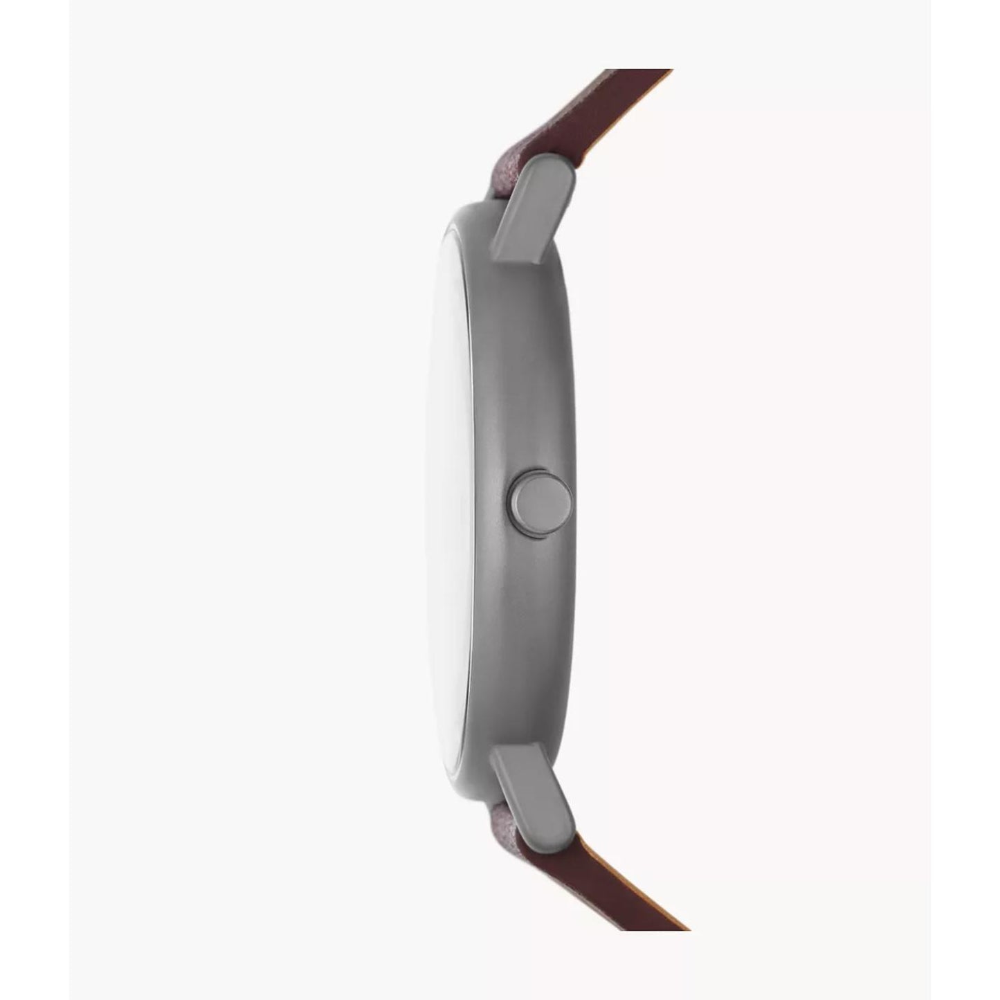 Skagen SKW6860 with ultra-slim gunmetal-tone case profile, minimalist crown, and brown leather strap attachment.
