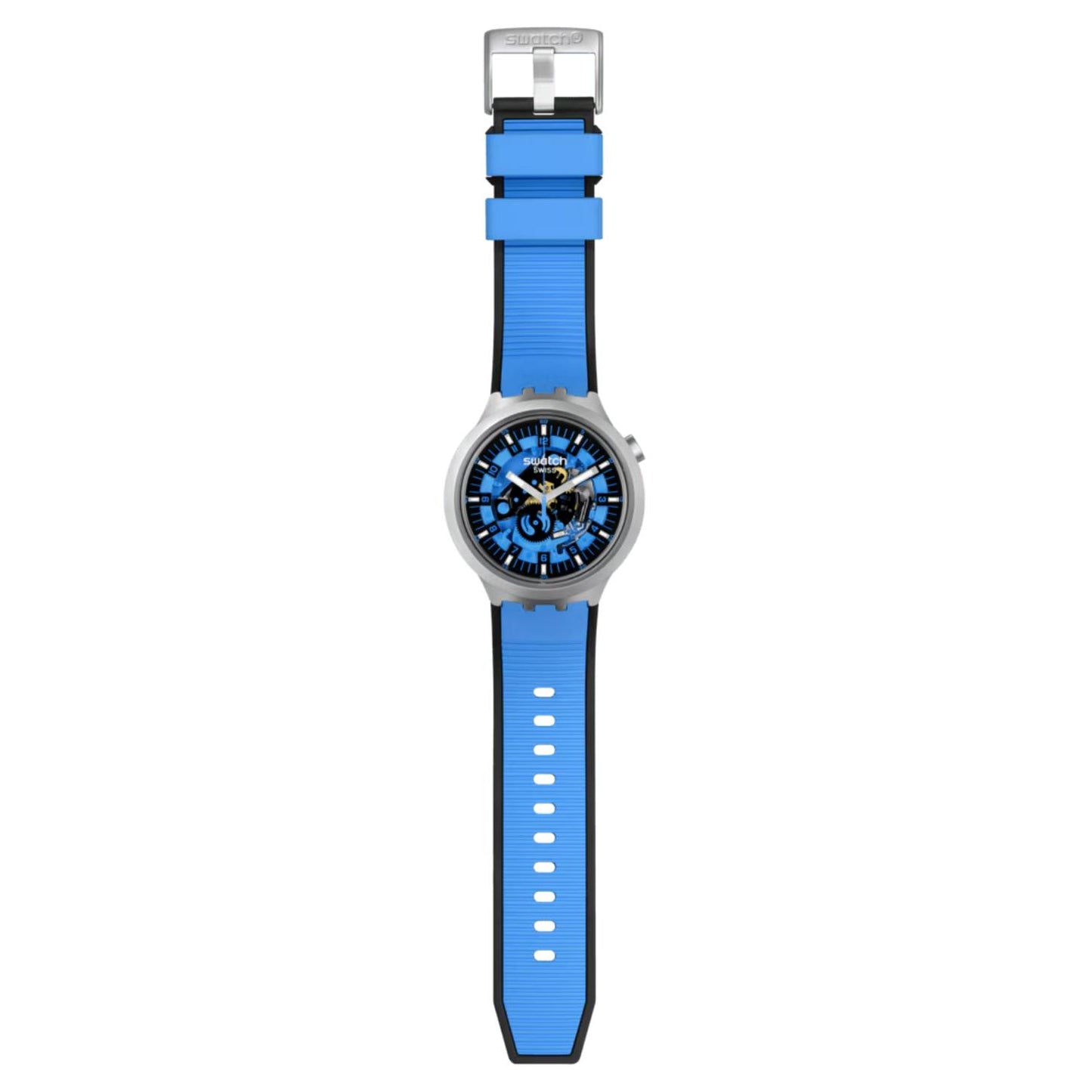 Swatch Big Bold Irony SB07S106 watch with a blue openworked dial, gray case, full-length blue strap, adjustment holes, and metal buckle.