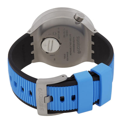 Swatch Big Bold Irony SB07S106 from the rear with a gray engraved caseback, blue strap with black lining, and matching metal buckle.