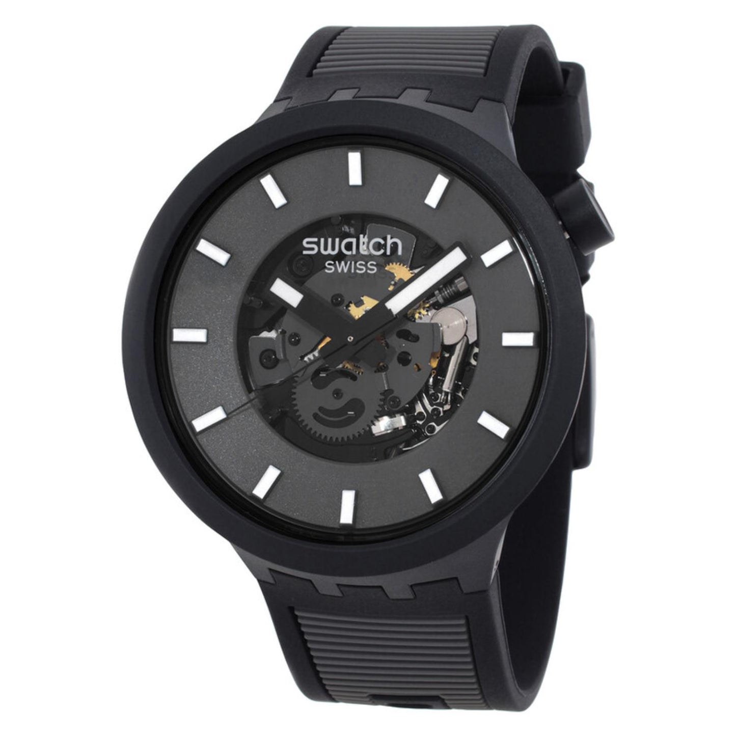 Swatch Big Bold Past the Horizon SB05B113 watch with a dark openworked dial, black case, white hour markers and hands, and matching black strap.