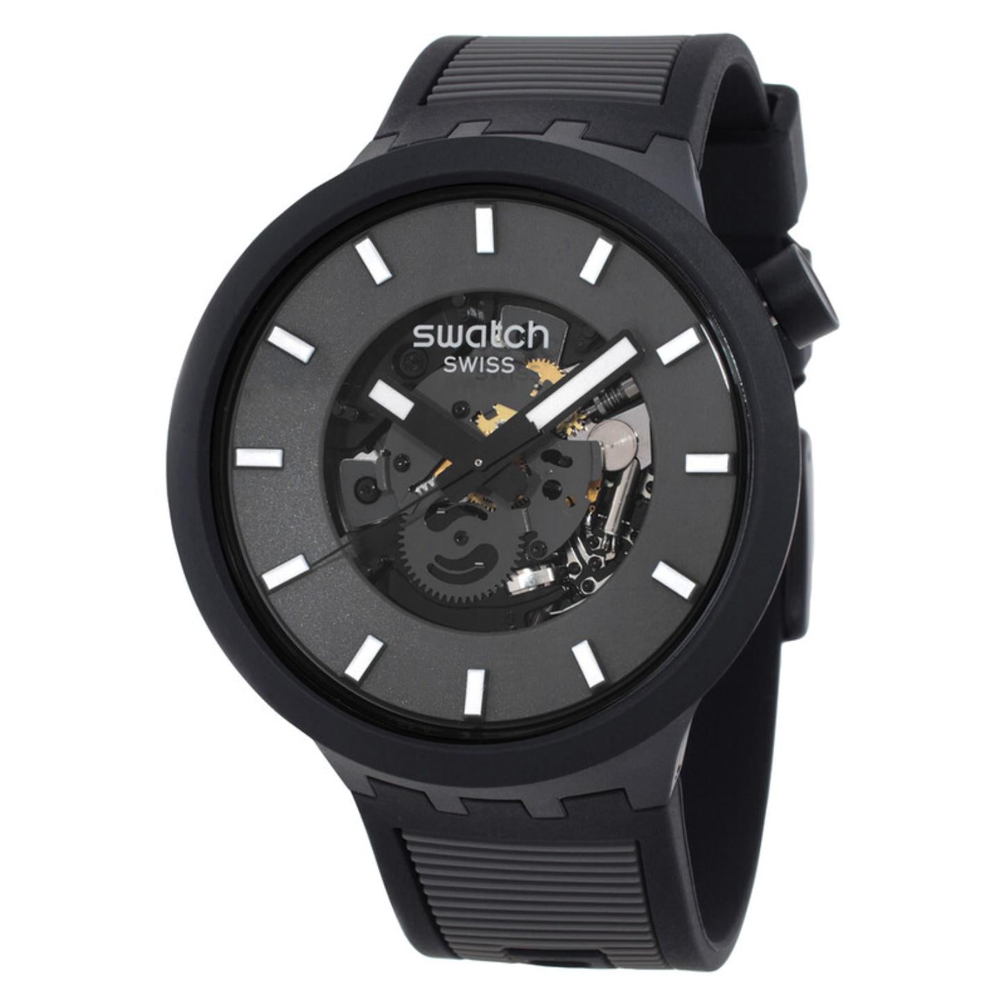 Swatch Big Bold Past the Horizon SB05B113 watch with a dark openworked dial, black case, white hour markers and hands, and matching black strap.