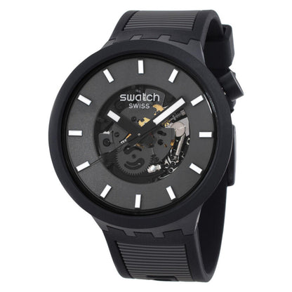 Swatch Big Bold Past the Horizon SB05B113 watch with a dark openworked dial, black case, white hour markers and hands, and matching black strap.