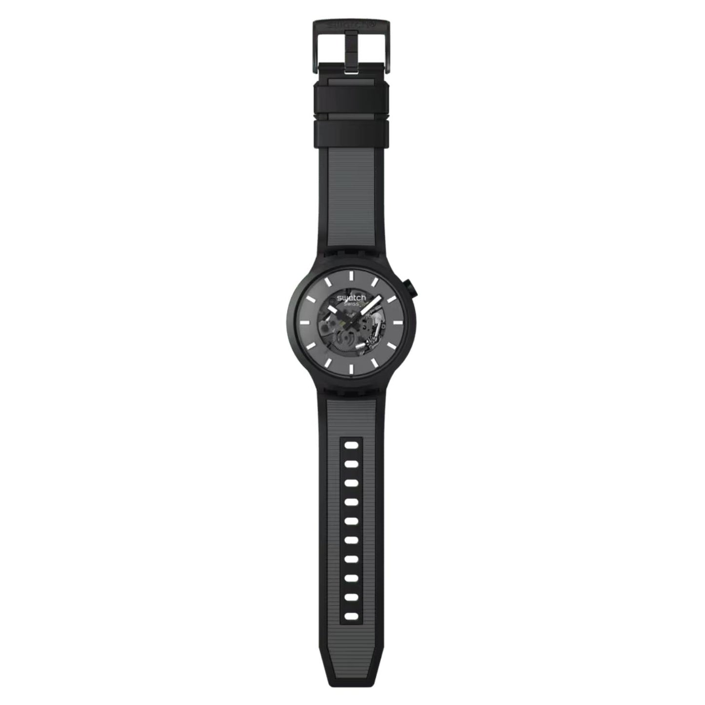 Swatch Big Bold Past the Horizon SB05B113 watch with a dark openworked dial, black case, full-length black strap with gray textured detailing, adjustment holes, and black buckle.