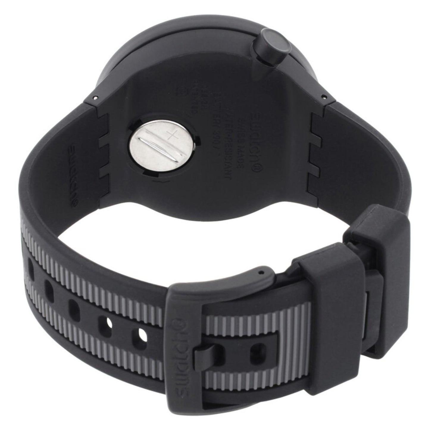 Swatch Big Bold Past the Horizon SB05B113 from the rear with a black caseback, black strap with gray textured detailing, and matching black buckle.