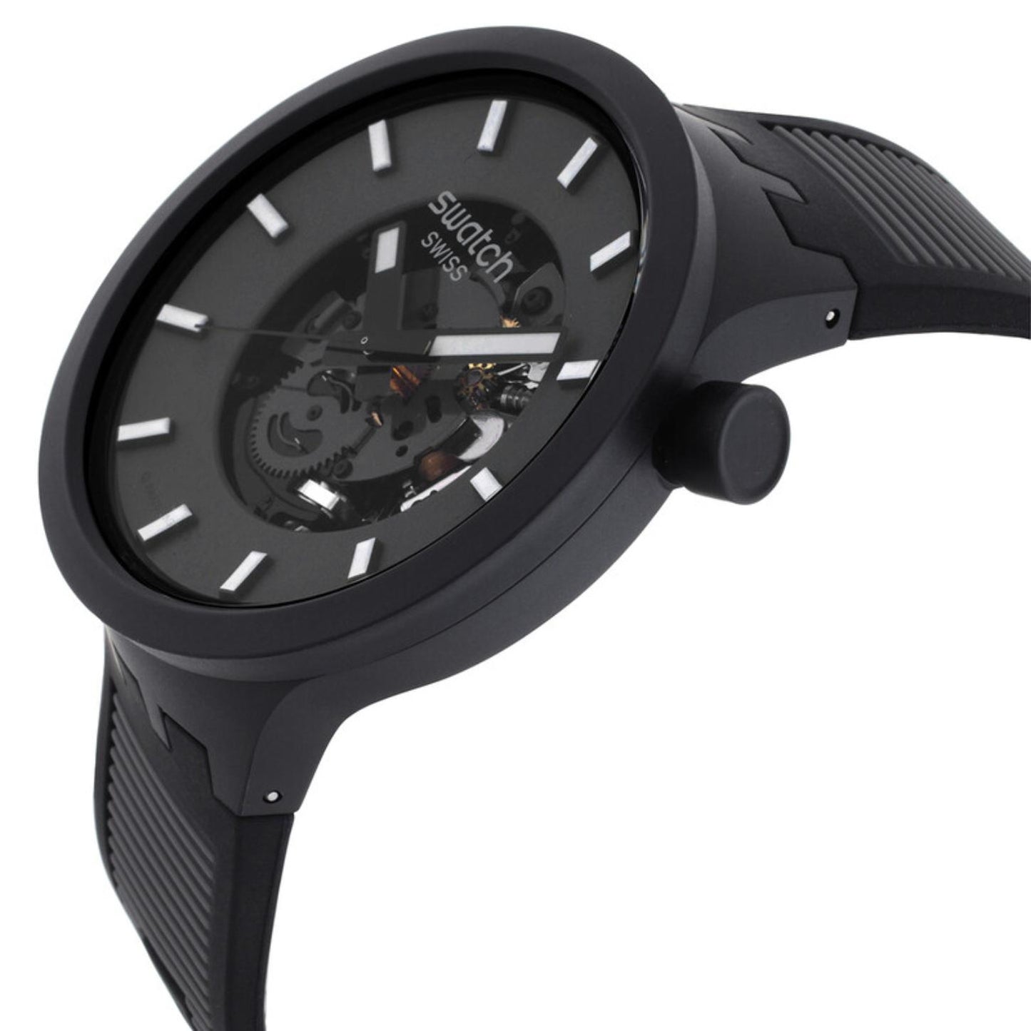 Swatch Big Bold Past the Horizon SB05B113 watch in side profile with a dark openworked dial, black case, white hour markers, black crown, and textured black strap.