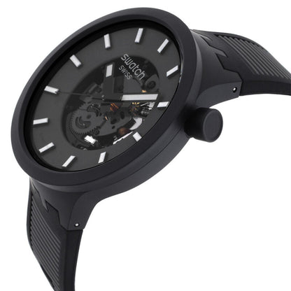 Swatch Big Bold Past the Horizon SB05B113 watch in side profile with a dark openworked dial, black case, white hour markers, black crown, and textured black strap.