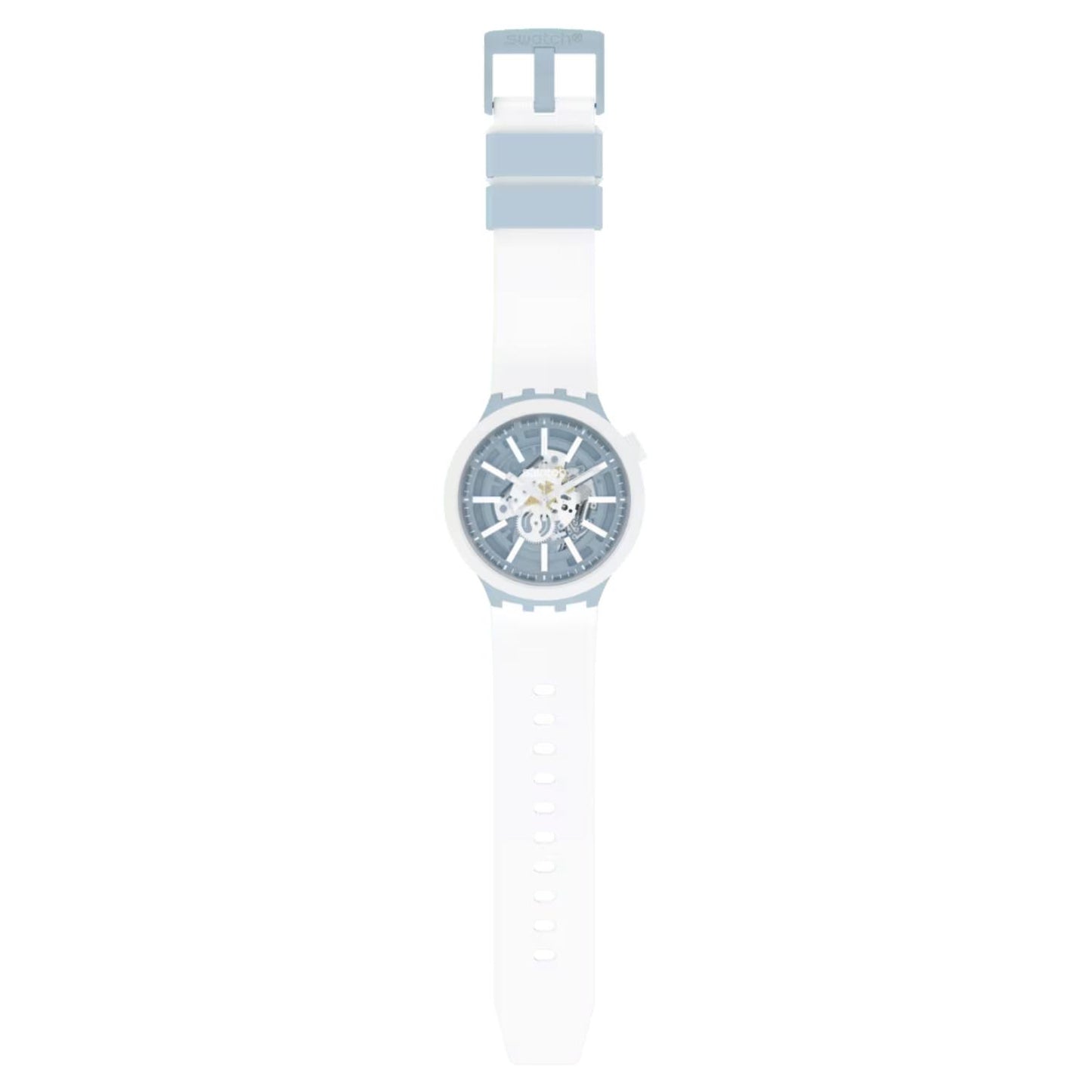 Swatch Big Bold Whice SB03N103 watch with a transparent blue openworked dial, white case, full-length white strap, adjustment holes, and light blue buckle.