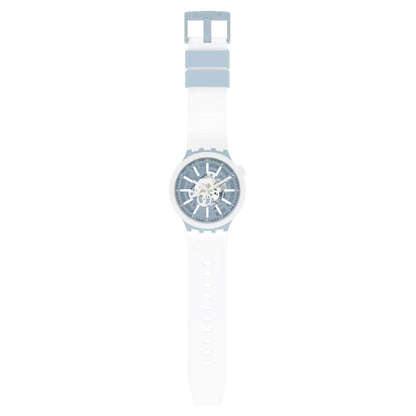 Swatch Big Bold Whice SB03N103 watch with a transparent blue openworked dial, white case, full-length white strap, adjustment holes, and light blue buckle.