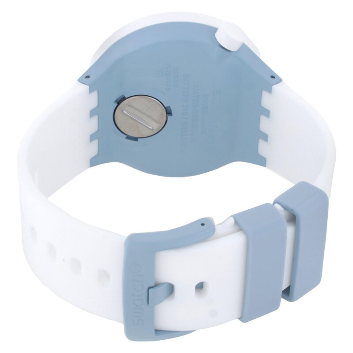 Swatch Big Bold Whice SB03N103 from the rear with a light blue caseback, white strap, light blue buckle, and matching strap keepers.