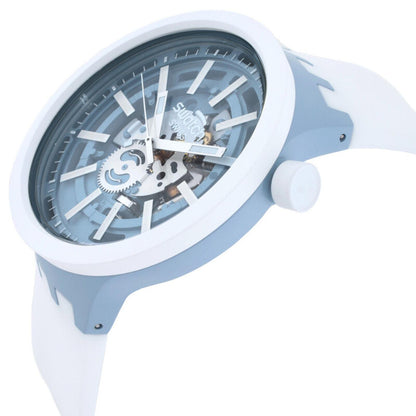 Swatch Big Bold Whice SB03N103 watch in side profile with a transparent blue openworked dial, white case, white crown, light blue accents, and white strap.