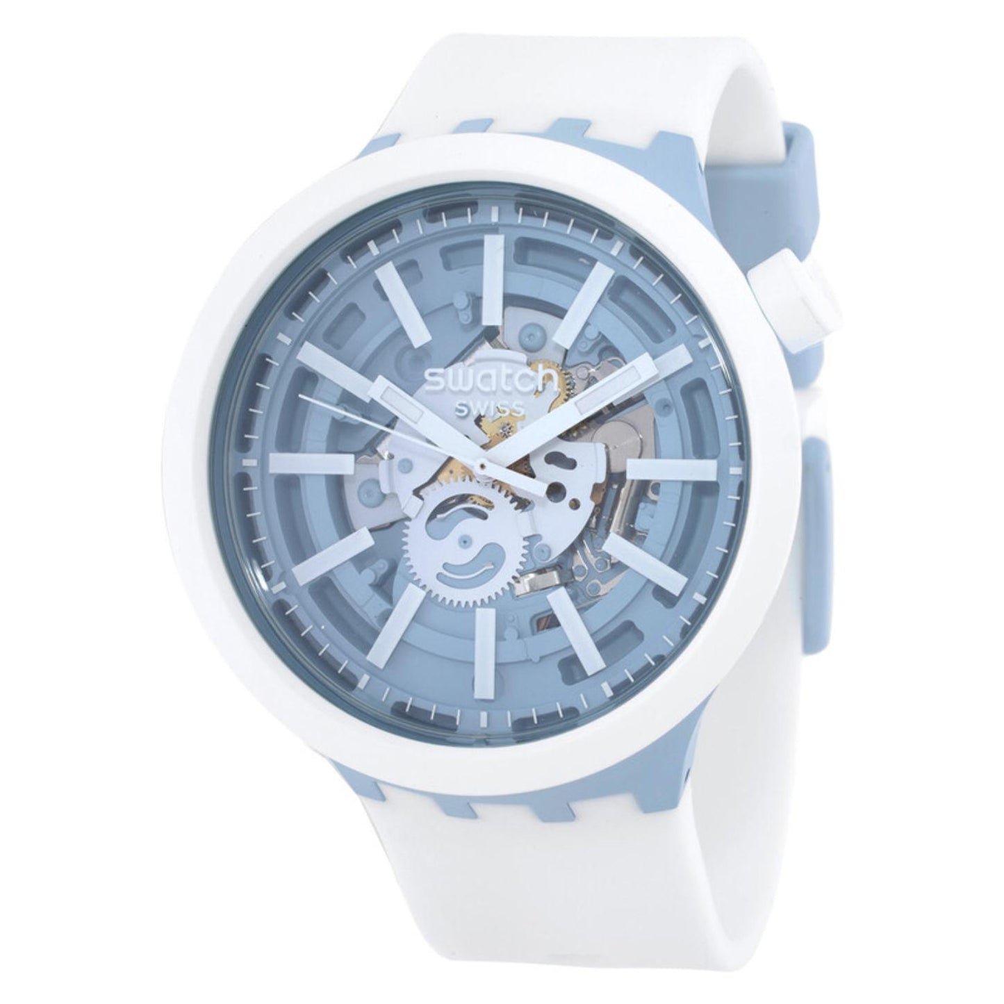 Swatch Big Bold Whice SB03N103 watch with a transparent blue openworked dial, white case, white hour markers and hands, and matching white strap.