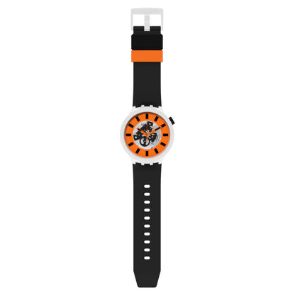 Swatch Bioceramic Orack SB03M104 watch with an orange skeleton dial, white case, full-length black strap, adjustment holes, and contrasting orange keeper.