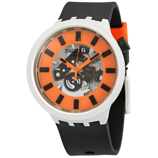 Swatch Bioceramic Orack SB03M104 watch with an orange skeleton dial, white case, black hour markers, orange hands, and black strap with orange lining.