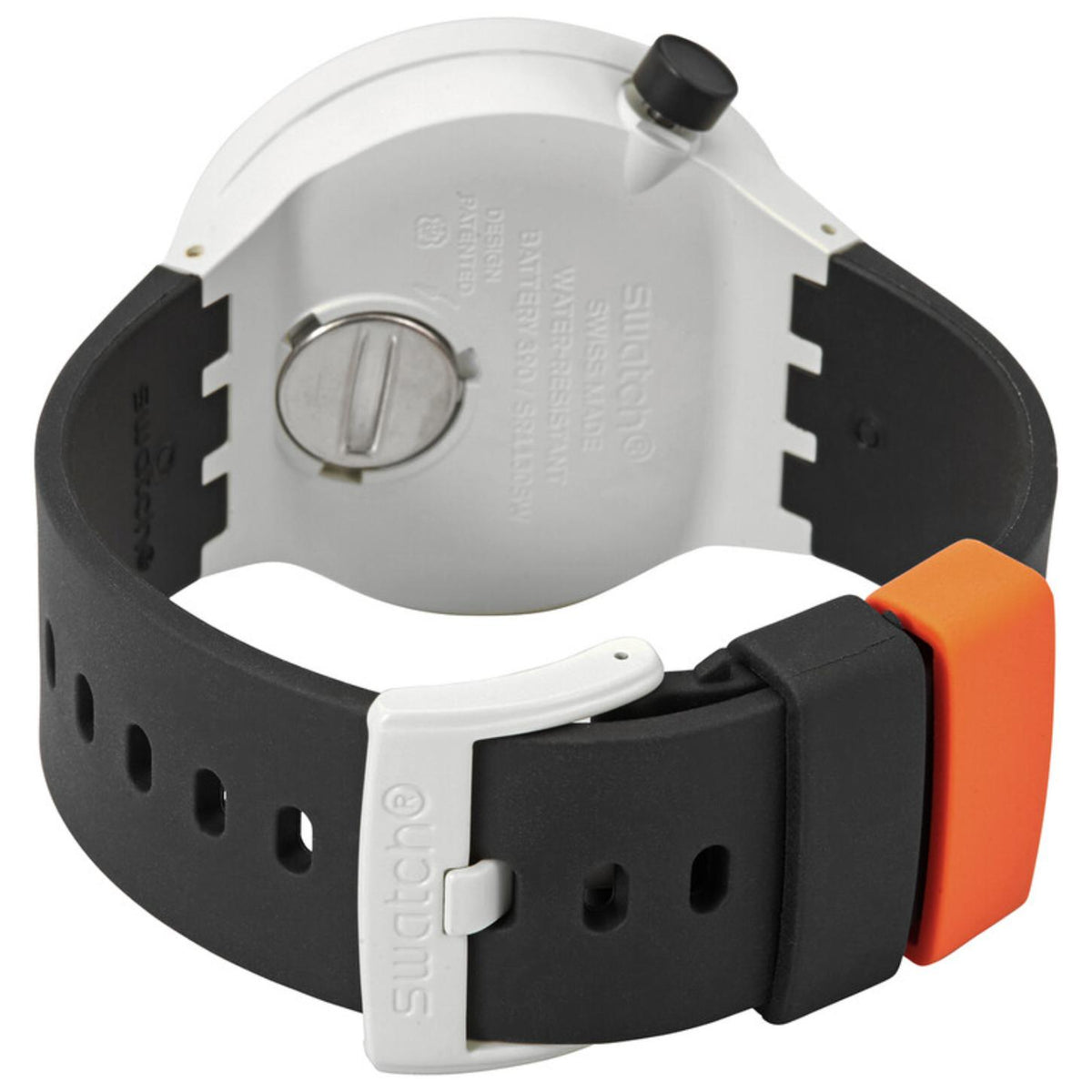 Swatch Bioceramic Orack SB03M104 from the rear with a white caseback, black strap, white buckle, black crown, and contrasting orange keeper.