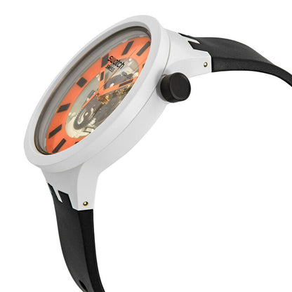 Swatch Bioceramic Orack SB03M104 watch in side profile with an orange skeleton dial, white case, black crown, and black strap.
