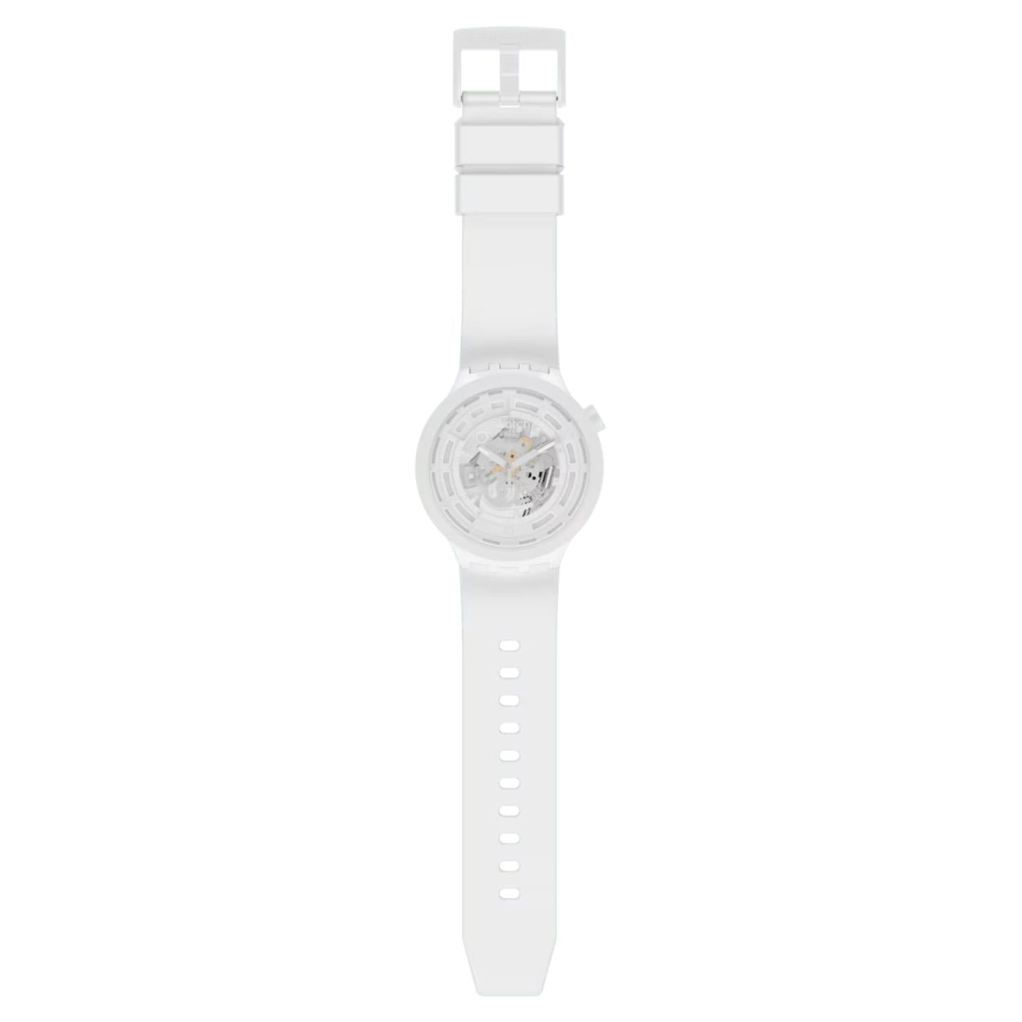 Swatch C-White SB03W100 oversized watch with a transparent openworked dial, white Bioceramic case, full-length white strap, adjustment holes, and matching white buckle.