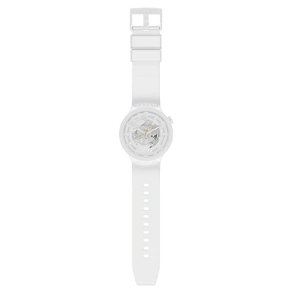 Swatch C-White SB03W100 oversized watch with a transparent openworked dial, white Bioceramic case, full-length white strap, adjustment holes, and matching white buckle.