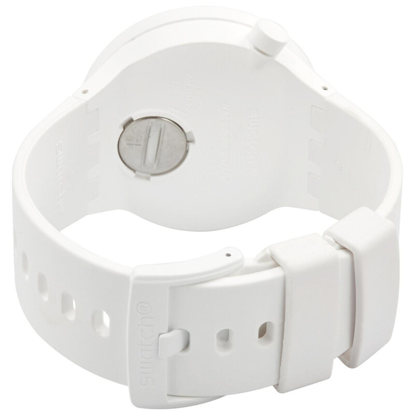 Swatch C-White SB03W100 from the rear with a white Bioceramic caseback, matching white strap, white buckle, and integrated strap keepers.