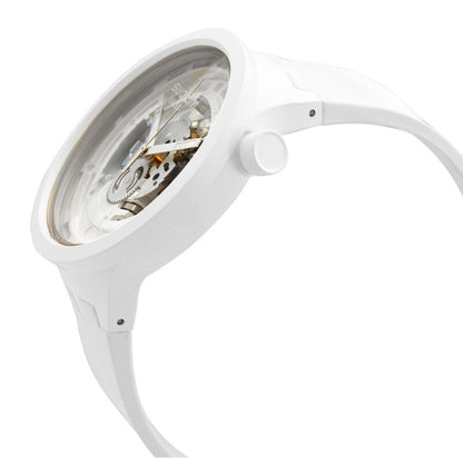 Swatch C-White SB03W100 oversized watch in side profile with a transparent openworked dial, white Bioceramic case, white crown, and matching white strap.