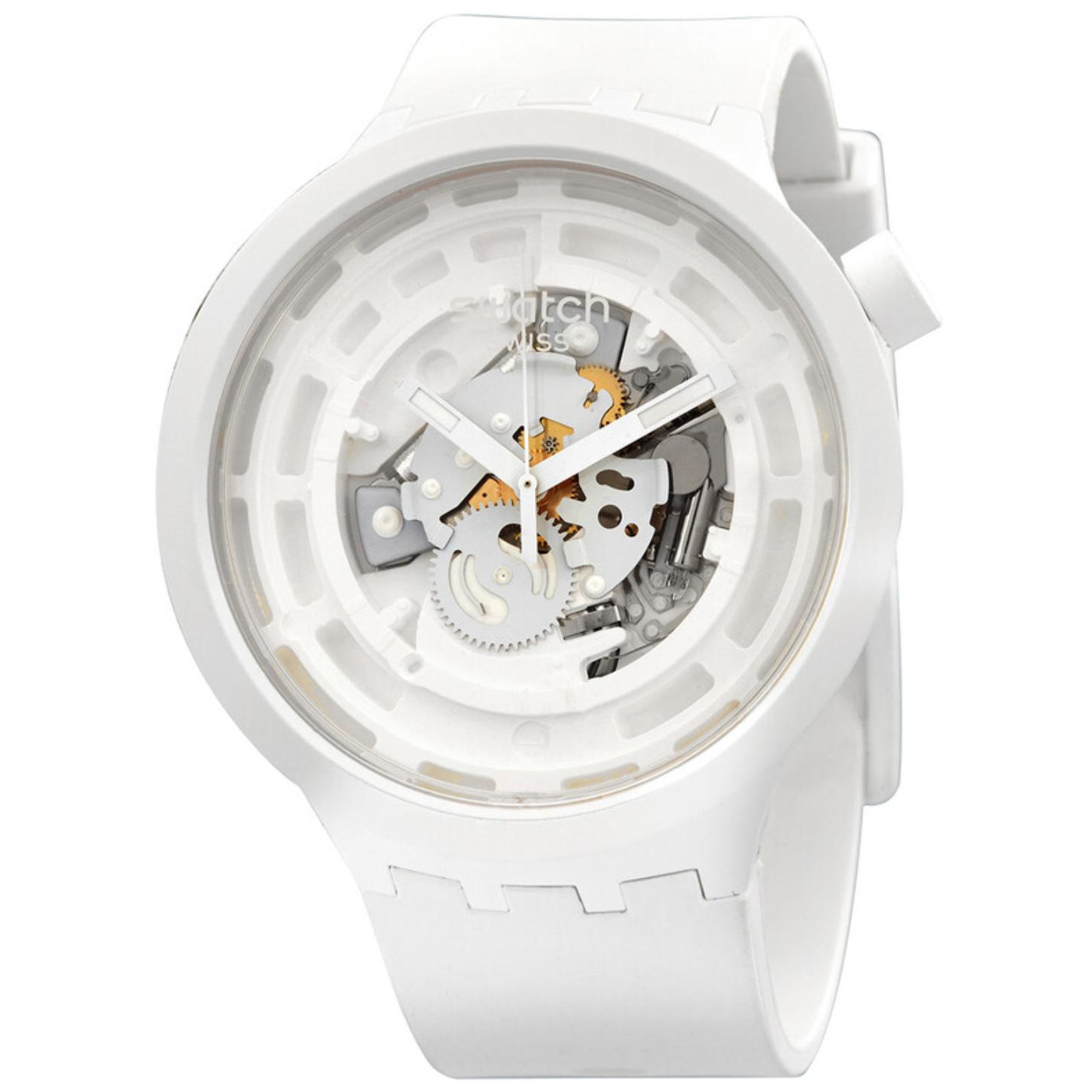 Swatch C-White SB03W100 oversized watch with a transparent openworked dial, white Bioceramic case, white hour markers and hands, and matching white strap.