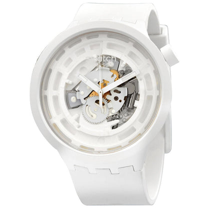 Swatch C-White SB03W100 oversized watch with a transparent openworked dial, white Bioceramic case, white hour markers and hands, and matching white strap.