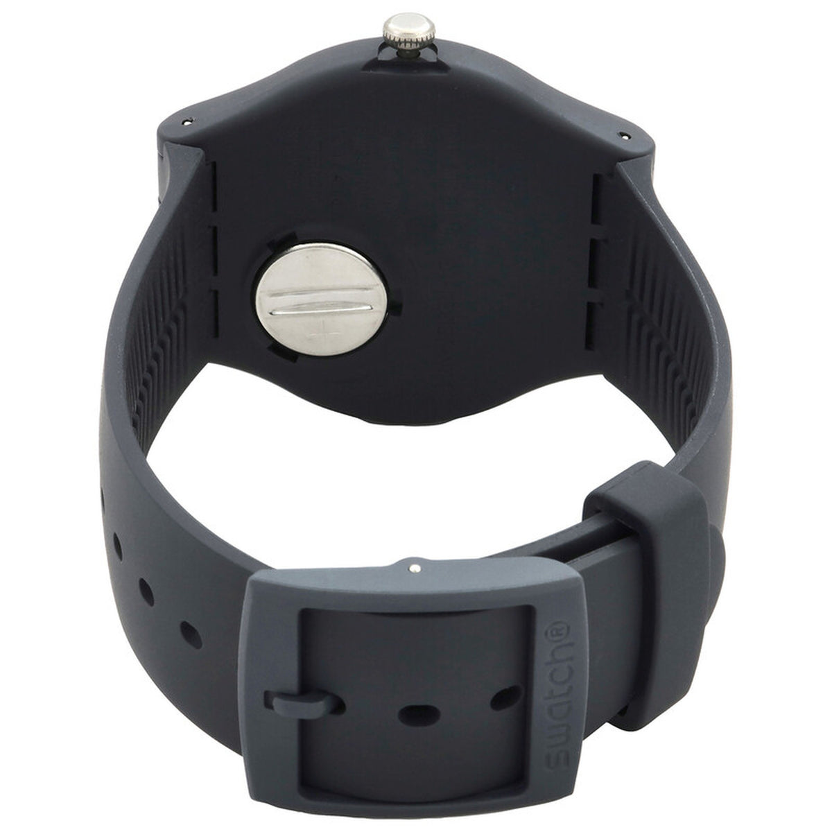Swatch Cobblestone Street SO29A101 with dark gray caseback, circular battery cover, matching dark gray strap, and Swatch-branded buckle.