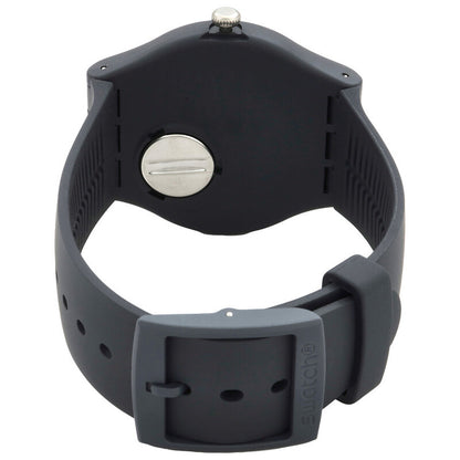 Swatch Cobblestone Street SO29A101 with dark gray caseback, circular battery cover, matching dark gray strap, and Swatch-branded buckle.