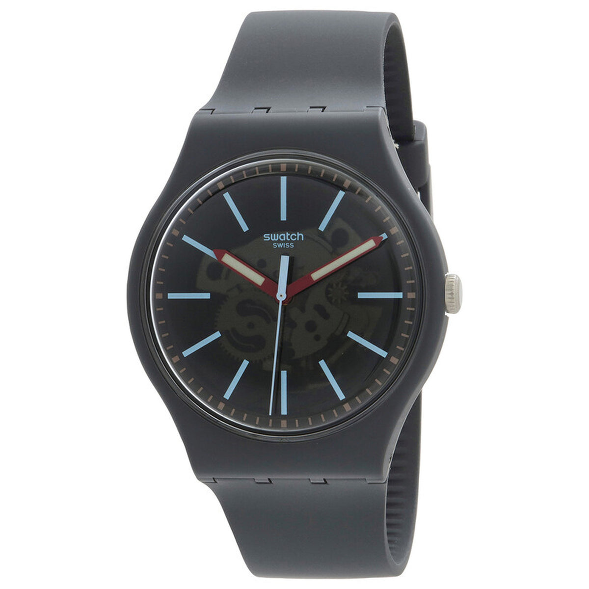 Swatch Cobblestone Street SO29A101 with gray patterned dial, light blue hour markers, red hands, dark gray case, and matching dark gray strap.