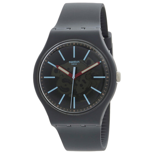 Swatch Cobblestone Street SO29A101 with gray patterned dial, light blue hour markers, red hands, dark gray case, and matching dark gray strap.