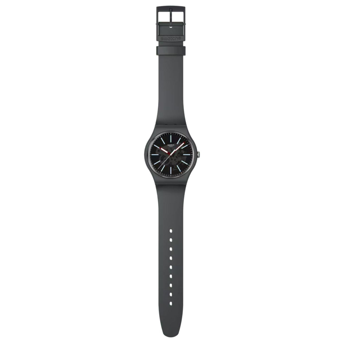 Swatch Cobblestone Street SO29A101 with gray patterned dial, light blue hour markers, red hands, full dark gray strap with adjustment holes, and matching buckle.