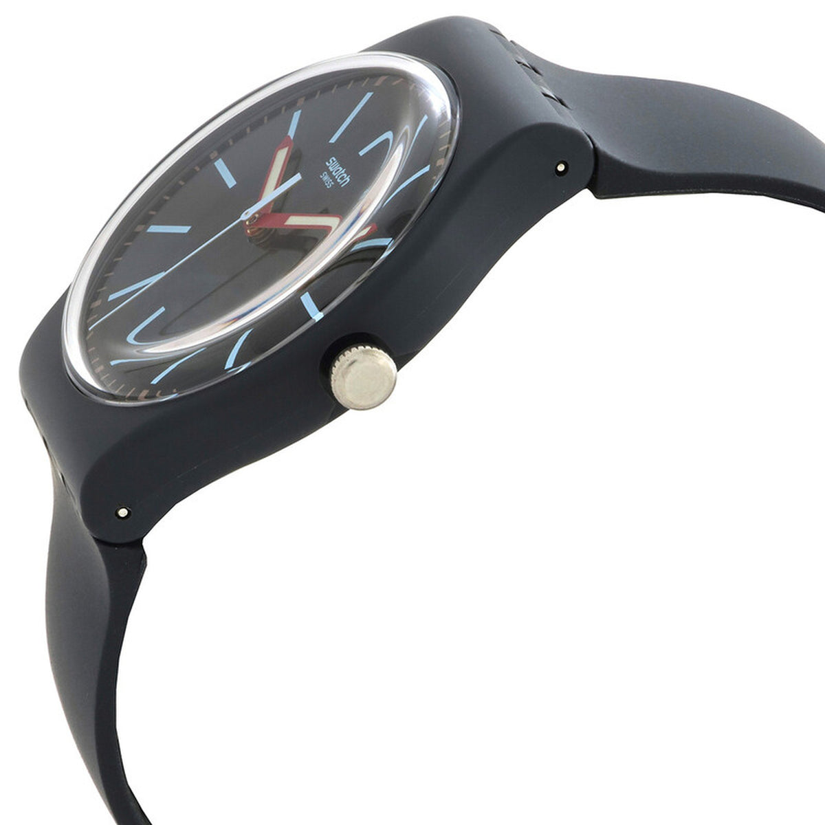 Swatch Cobblestone Street SO29A101 with gray dial, light blue hour markers, red hands, dark gray case, silver-tone crown at 3 o’clock, and matching dark gray strap.