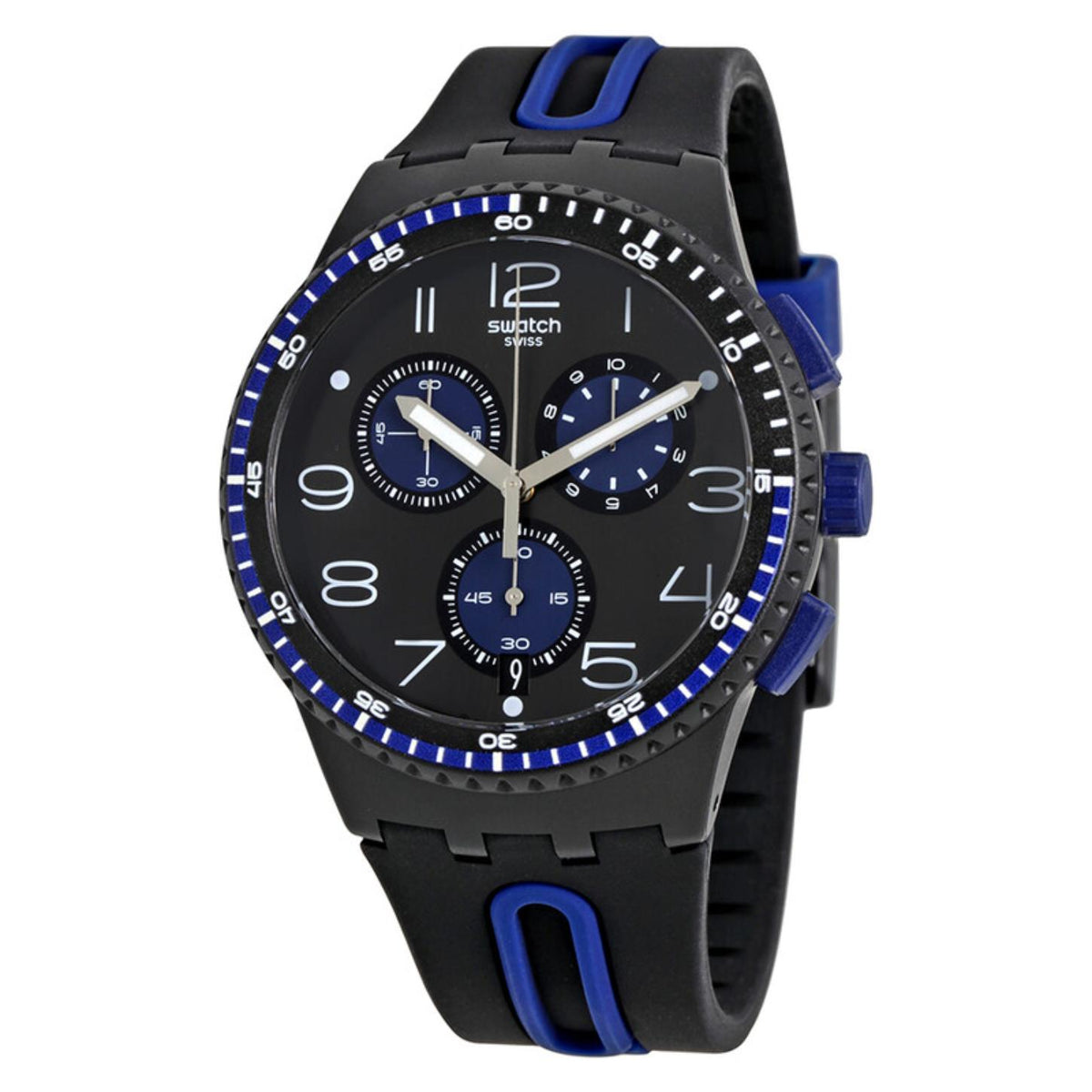 Swatch Kaicco SUSB406 chronograph watch with an anthracite dial, blue subdials, white hands and numerals, black case, and black strap with blue accents.