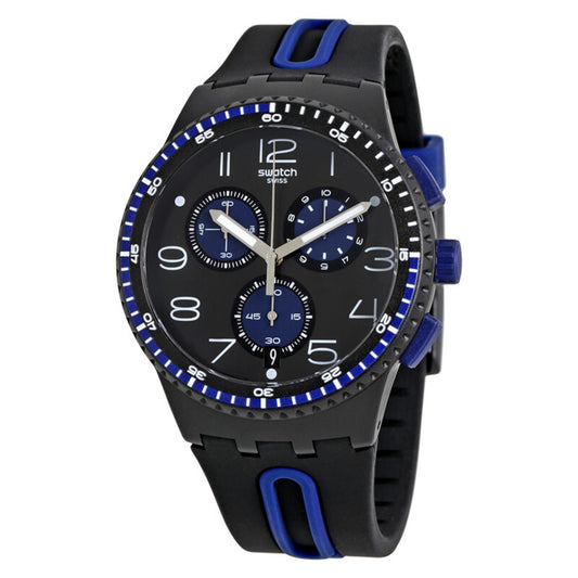 Swatch Kaicco SUSB406 chronograph watch with an anthracite dial, blue subdials, white hands and numerals, black case, and black strap with blue accents.